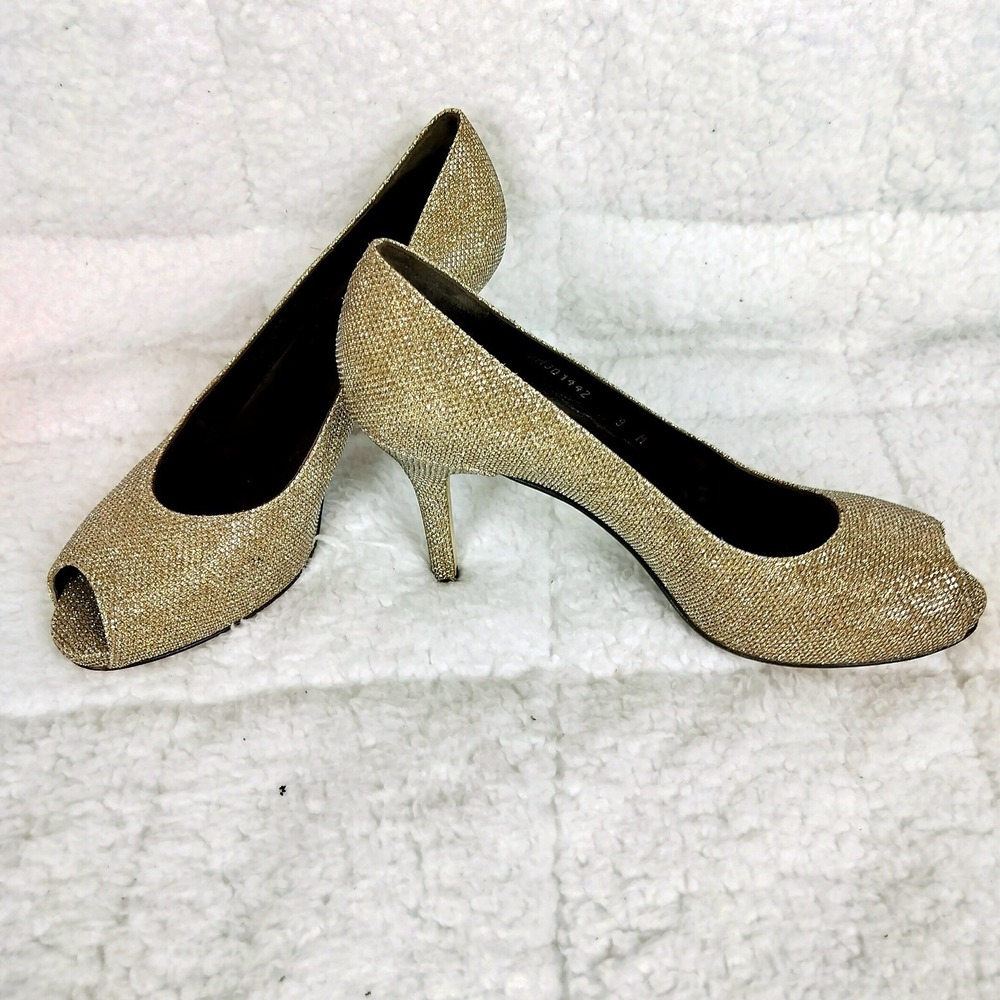 Stuart Weitzman Metallic Mesh Peep‎ Toe Pumps Sparkly Gold Stiletto Heels